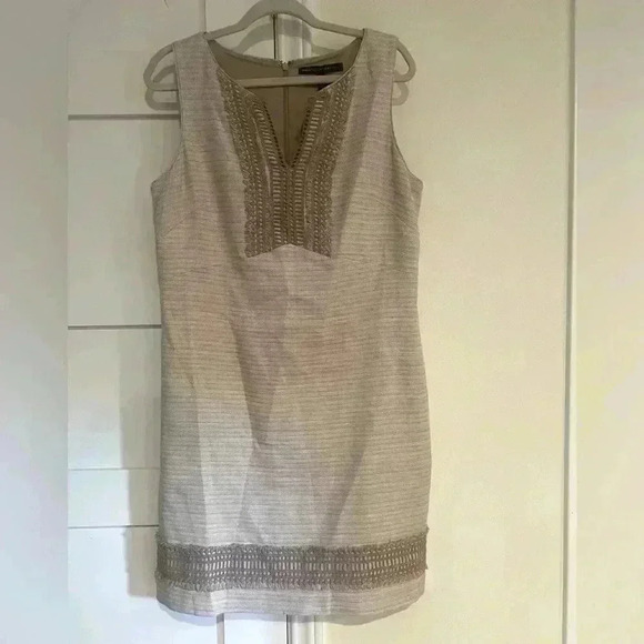 White House Black Market Tan Cream Linen blend Sheath Dress- Size 14- NWOT - Picture 2 of 6